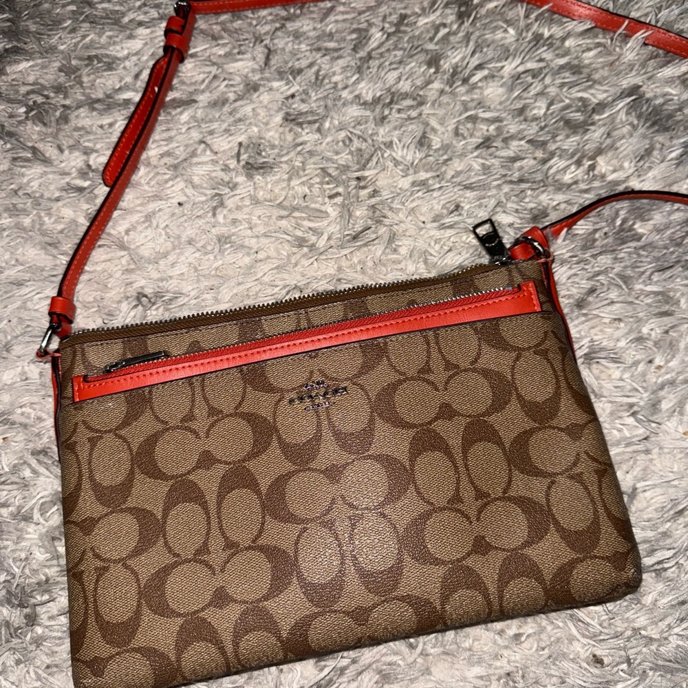 Coach Signature Brown and Red Crossbody Bag with Monogram